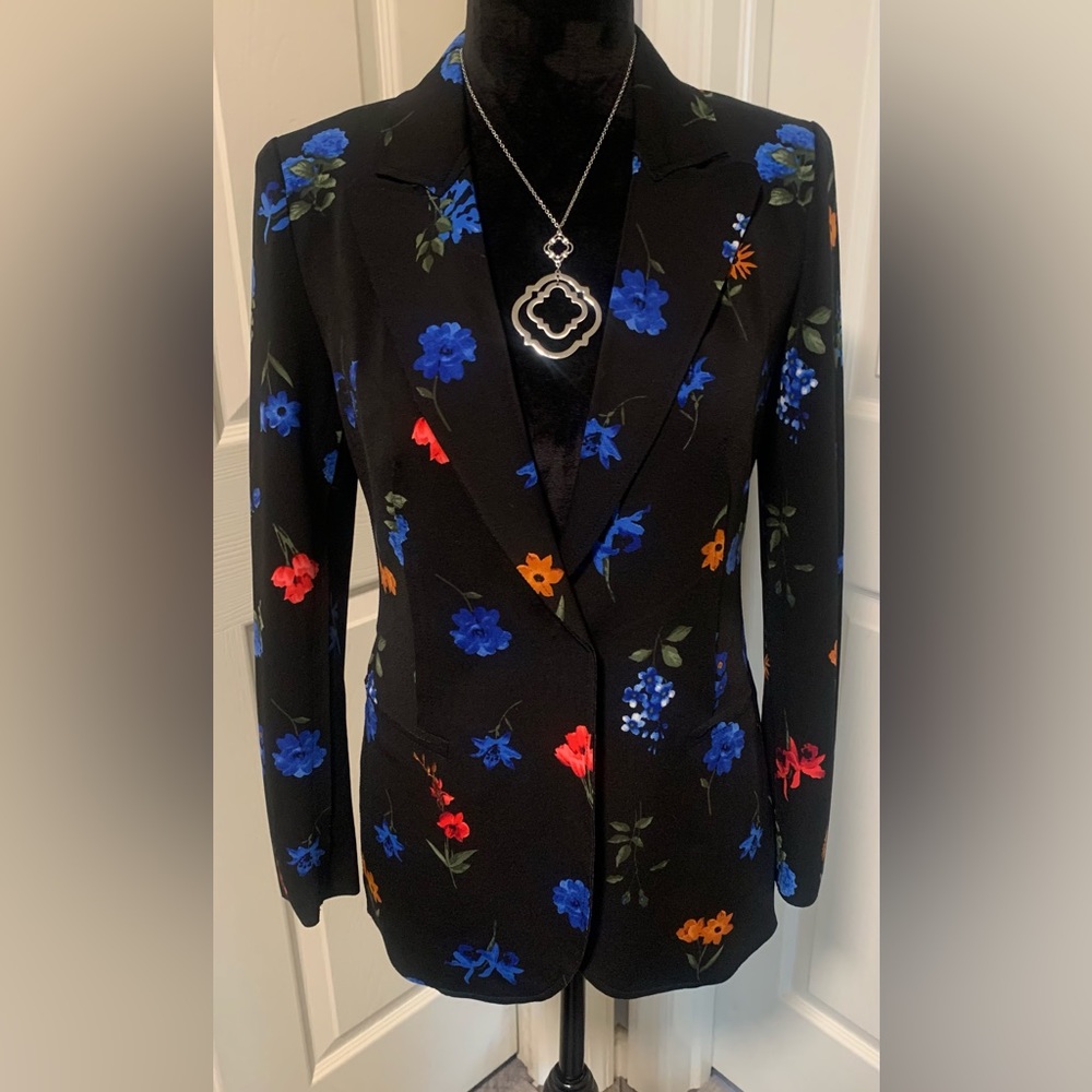 Tahari Black Floral Blazer Colorful Blue Red Orange Flower Print Tailored Jacket